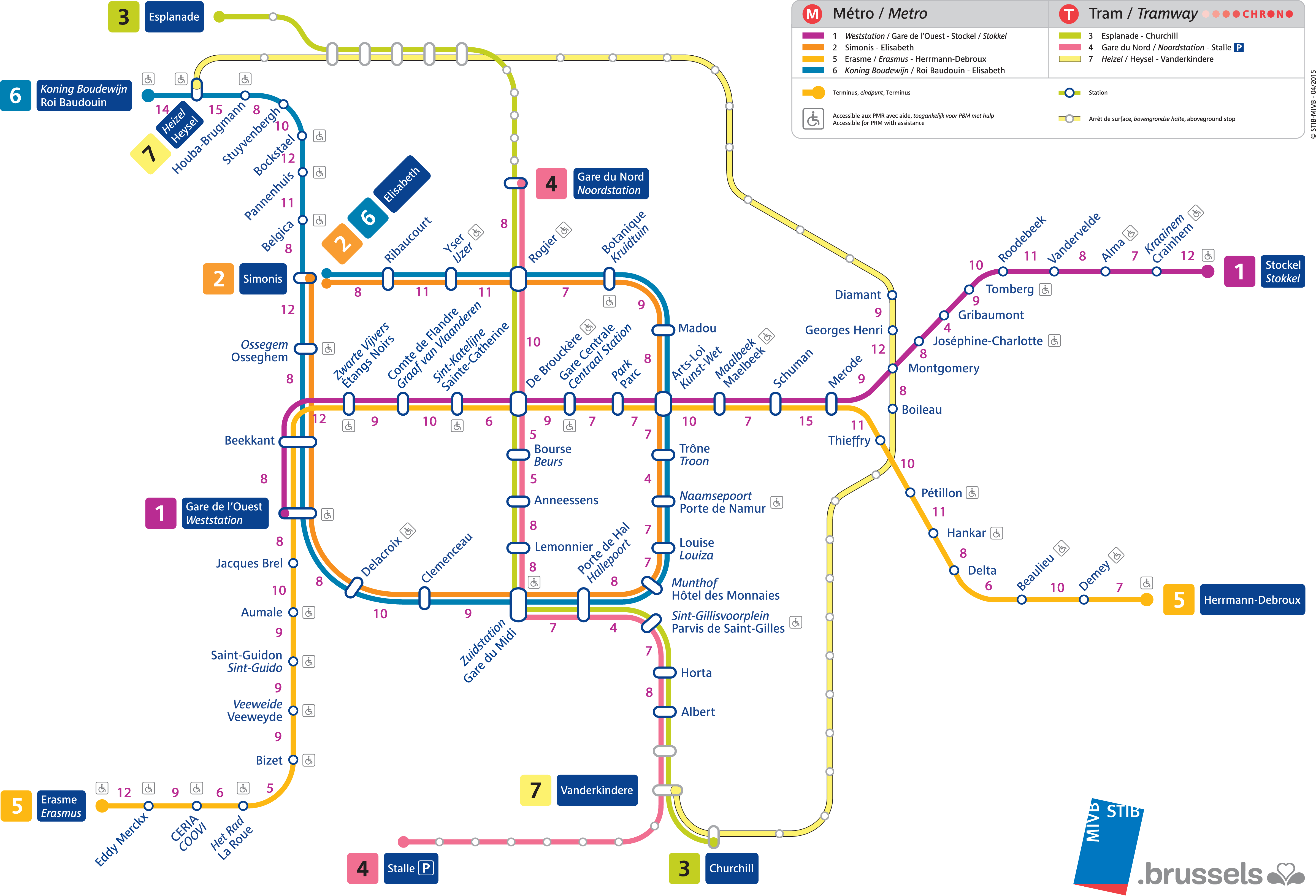 De van de Brusselse metro, met wandeltijden - STIB-MIVB